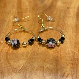 Vintage Handmade Cloisonné beaded Drop Hoop Earrings black, pink and gold